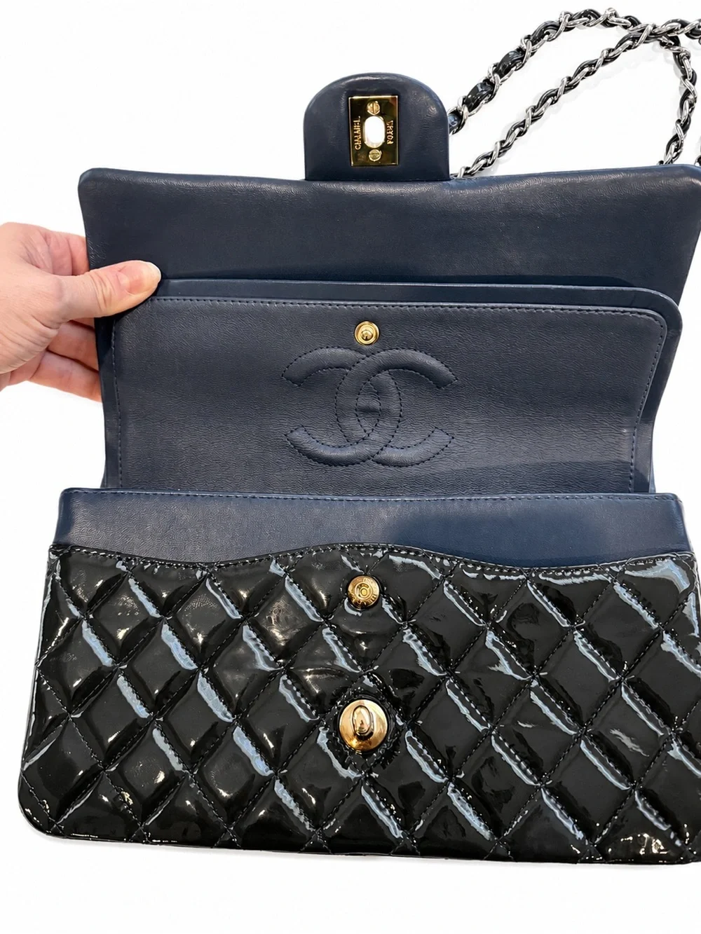 CHANEL Dark Green/Black Quilted Patent Leather Double Flap Bag with Chain Strap